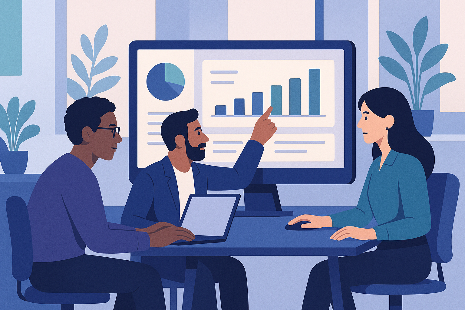 Illustration of a diverse team collaborating around a monitor