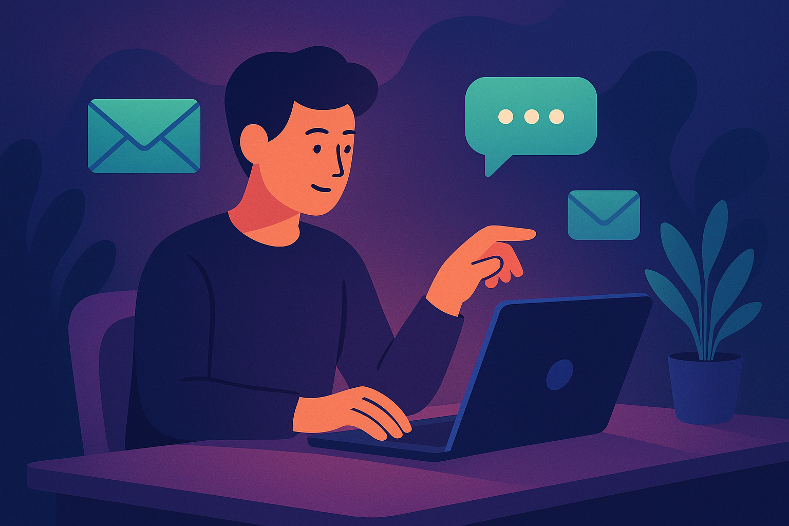 Illustration of a person at a desk sending a message with floating envelope icons