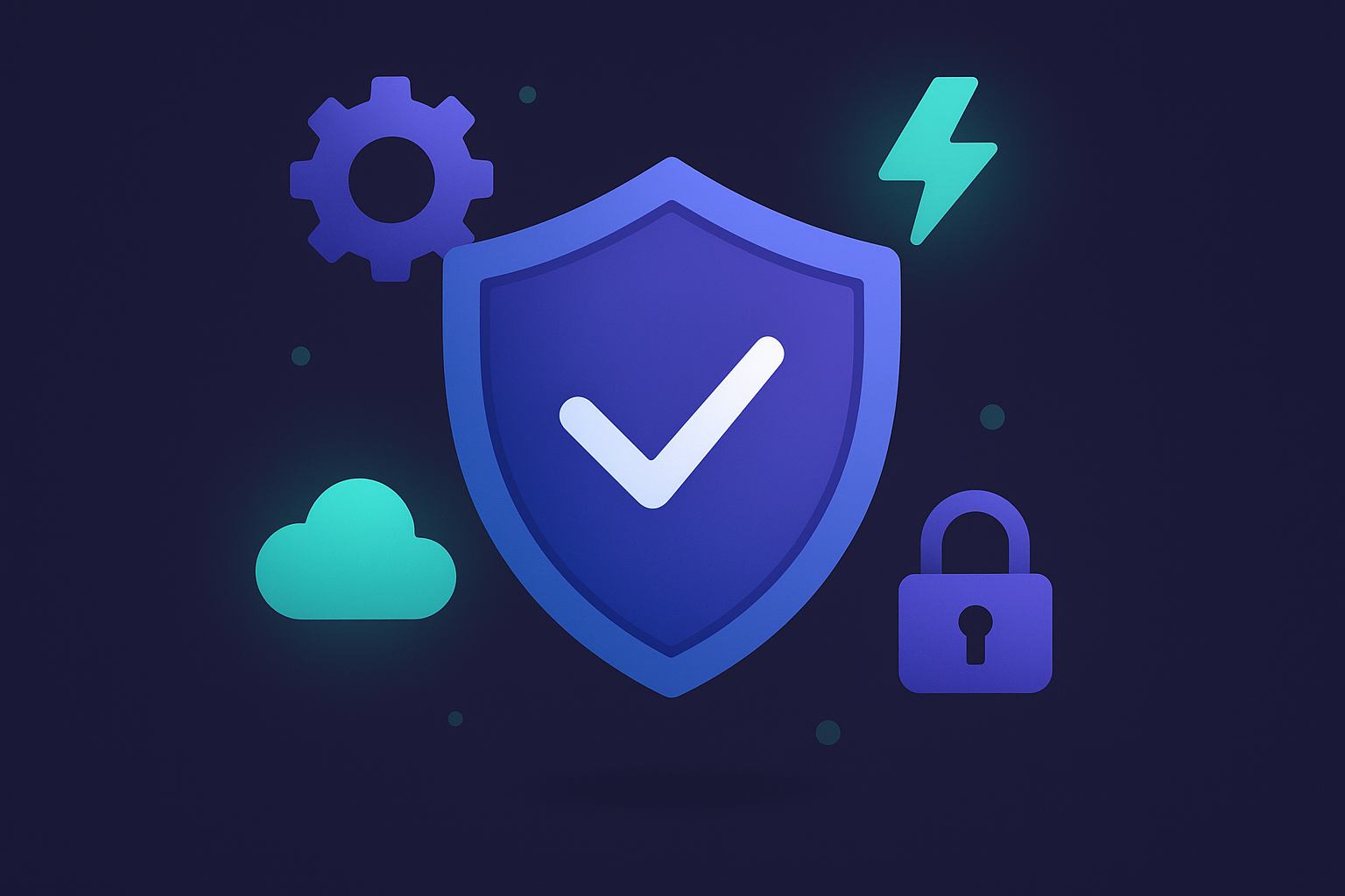 Web hosting features illustration with shield, gear, lightning bolt, lock, and cloud icons