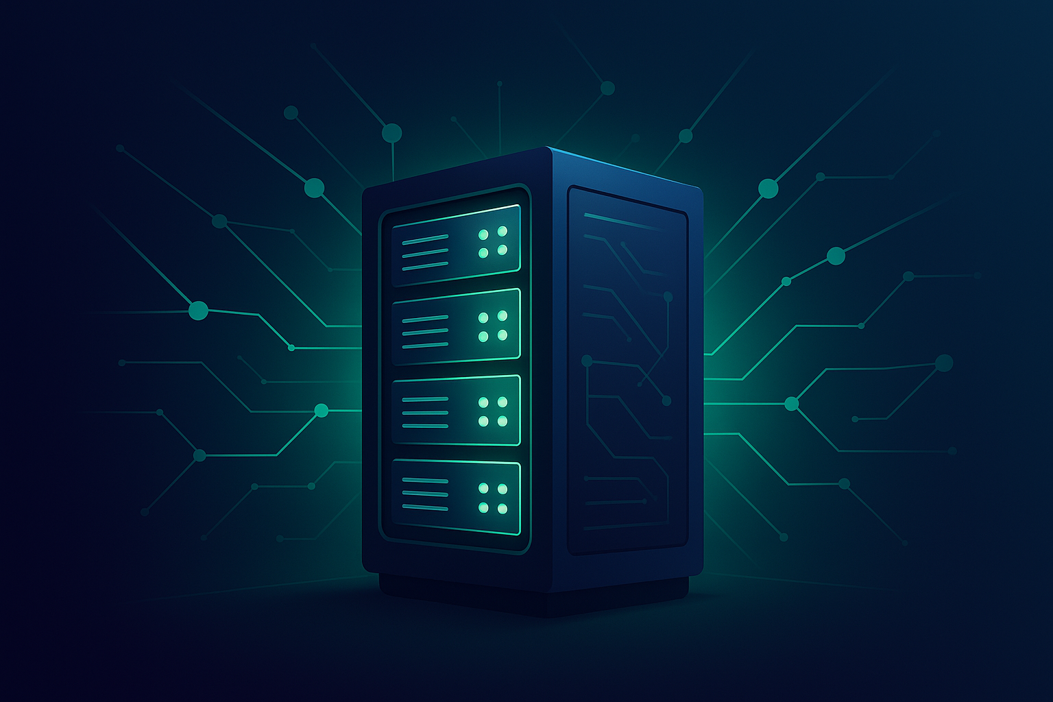 Futuristic data center with glowing server racks and network connections